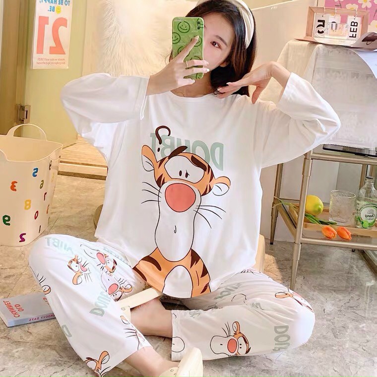 Đồ Bộ Pyjama Dài Tay, Đồ Ngủ Mặc Nhà Pizama Nữ Siêu Dễ Thương Quảng Châu, họa tiết hoạt hình CHÚ Hổ