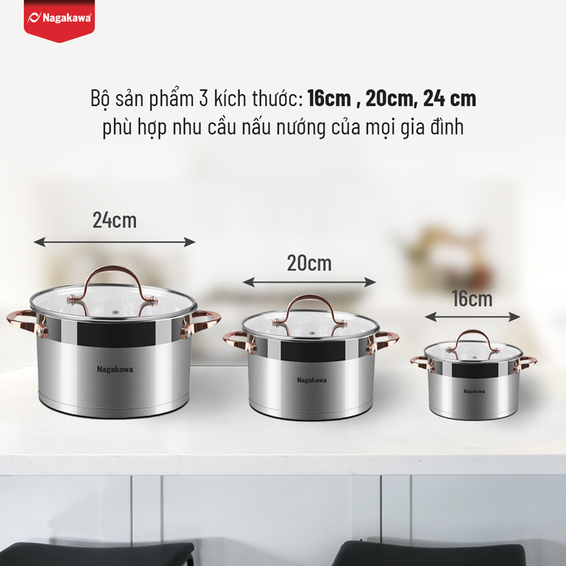 Bộ 3 Nồi Inox 304 Đáy Từ 5 Đáy Nagakawa NAG1352 - Hàng Chính Hãng