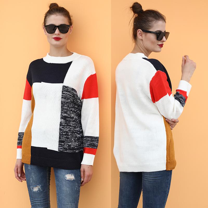 New Winter Women Knitted Sweater Top Multicolor Block O-Neck Long Sleeve Loose Casual Pullover Tee Shirt White