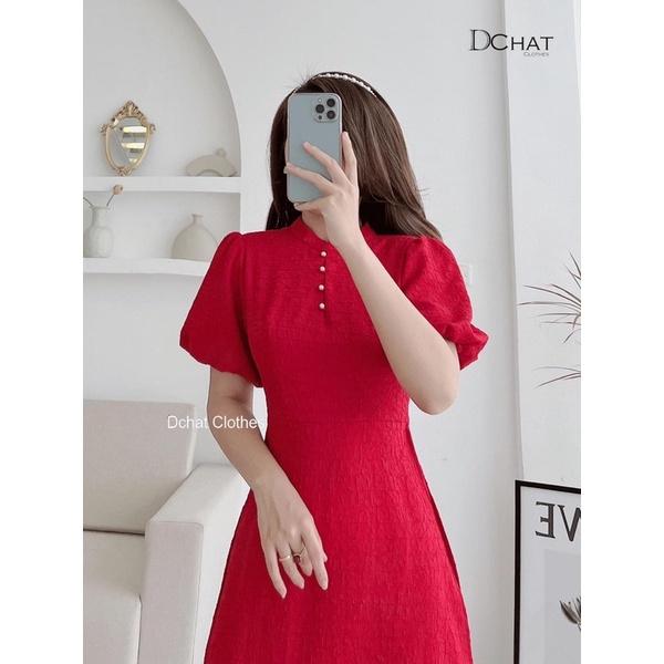 Áo dài cách tân đỏ tay bồng kèm quần lụa mỹ