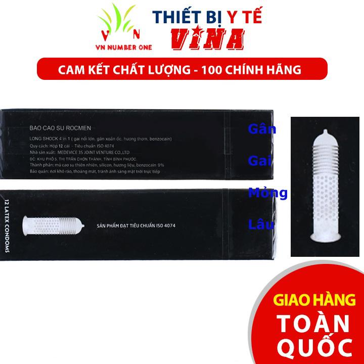 Bao cao su ROCMEN Long Shock 4 trong 1, mỏng, có gân ở thân dưới và có gai, có thuốc giúp kéo dài thời gian