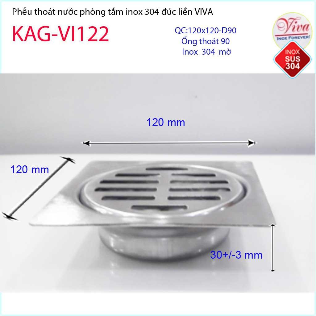 Phễu thoát sàn Viva 12x12 cm KAG-VI122 ống thoát 90mm chống mùi hôi inox 304, thoát sàn inox đúc dày thoát nước nhanh ch
