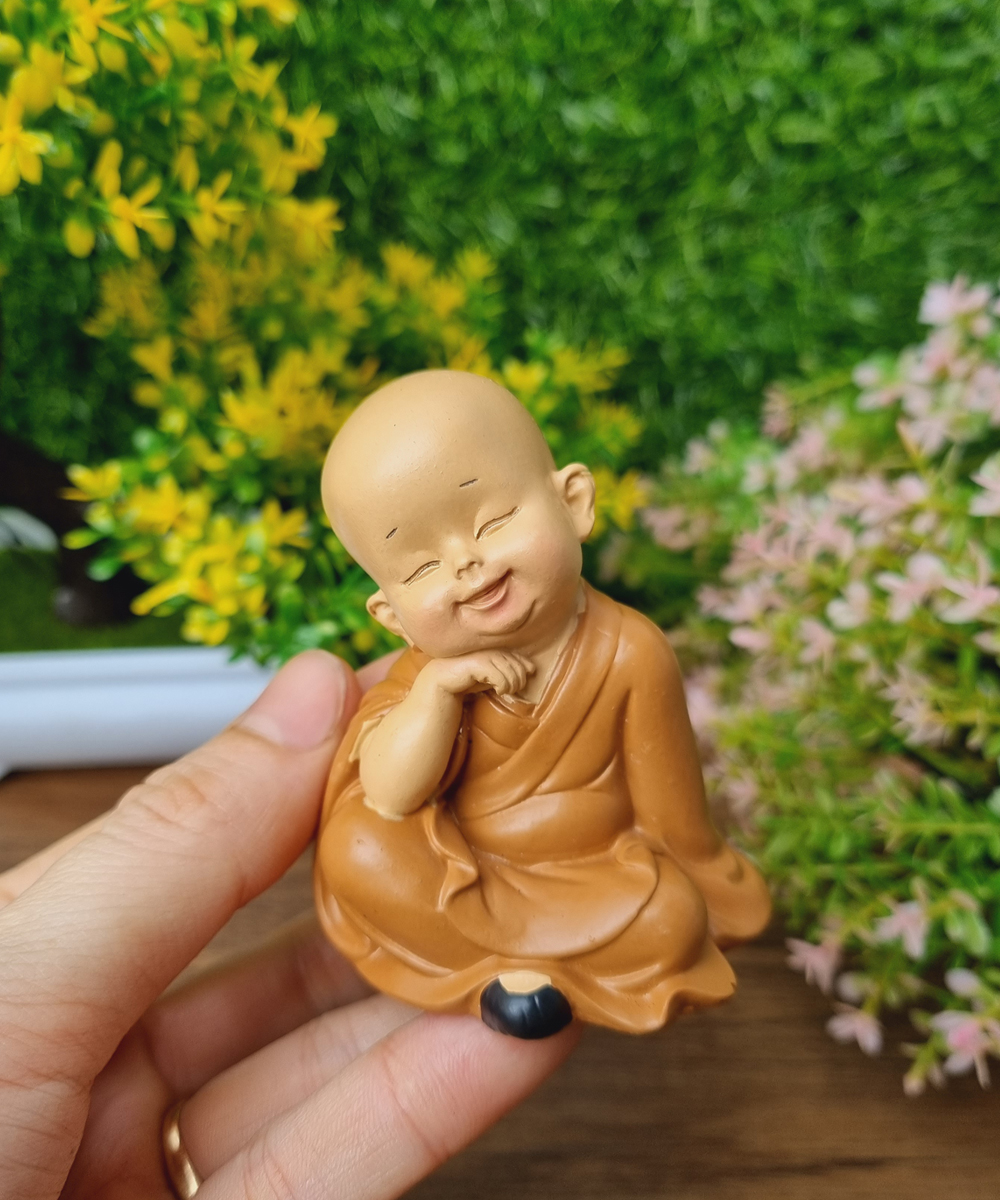 Bộ 03 chú tiểu áo nâu - mẫu ngồi an nhiên size mini 7cm