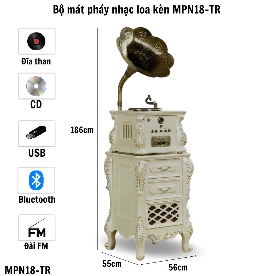 Bộ MÁY PHÁT NHẠC LOA KÈN ĐỒNG MPN18trang cao cấp Đa chức năng nghe nhạc đĩa than, đĩa CD, USB, Bluetooth và đài FM
