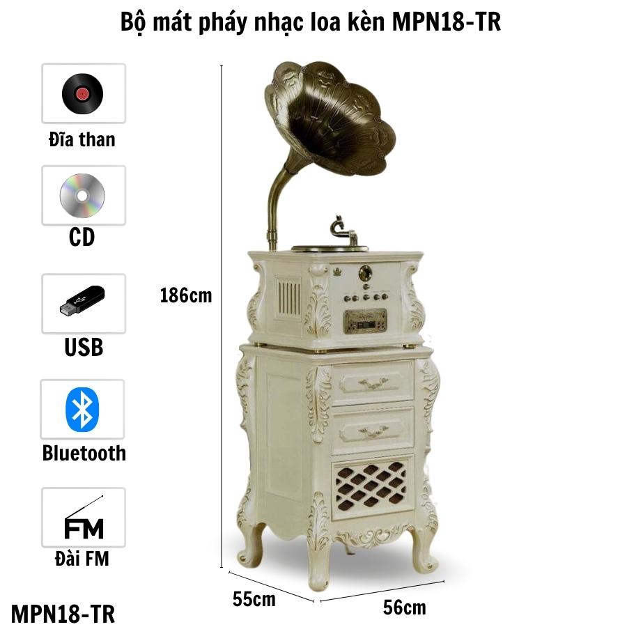 Bộ MÁY PHÁT NHẠC LOA KÈN ĐỒNG MPN18trang cao cấp Đa chức năng nghe nhạc đĩa than, đĩa CD, USB, Bluetooth và đài FM ( máy hát nhạc loa kèn Châu Âu Cổ Điển)