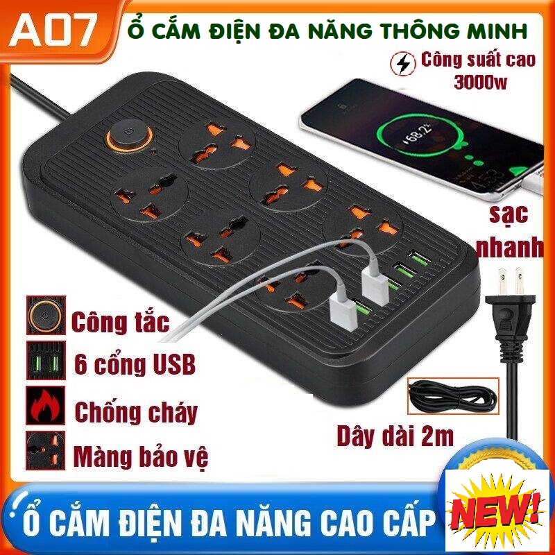 Ổ điện đa năng thông minh 6 cổng sạc usb, 6 rắc cắm nguồn 220V công suất chịu tải 3000w