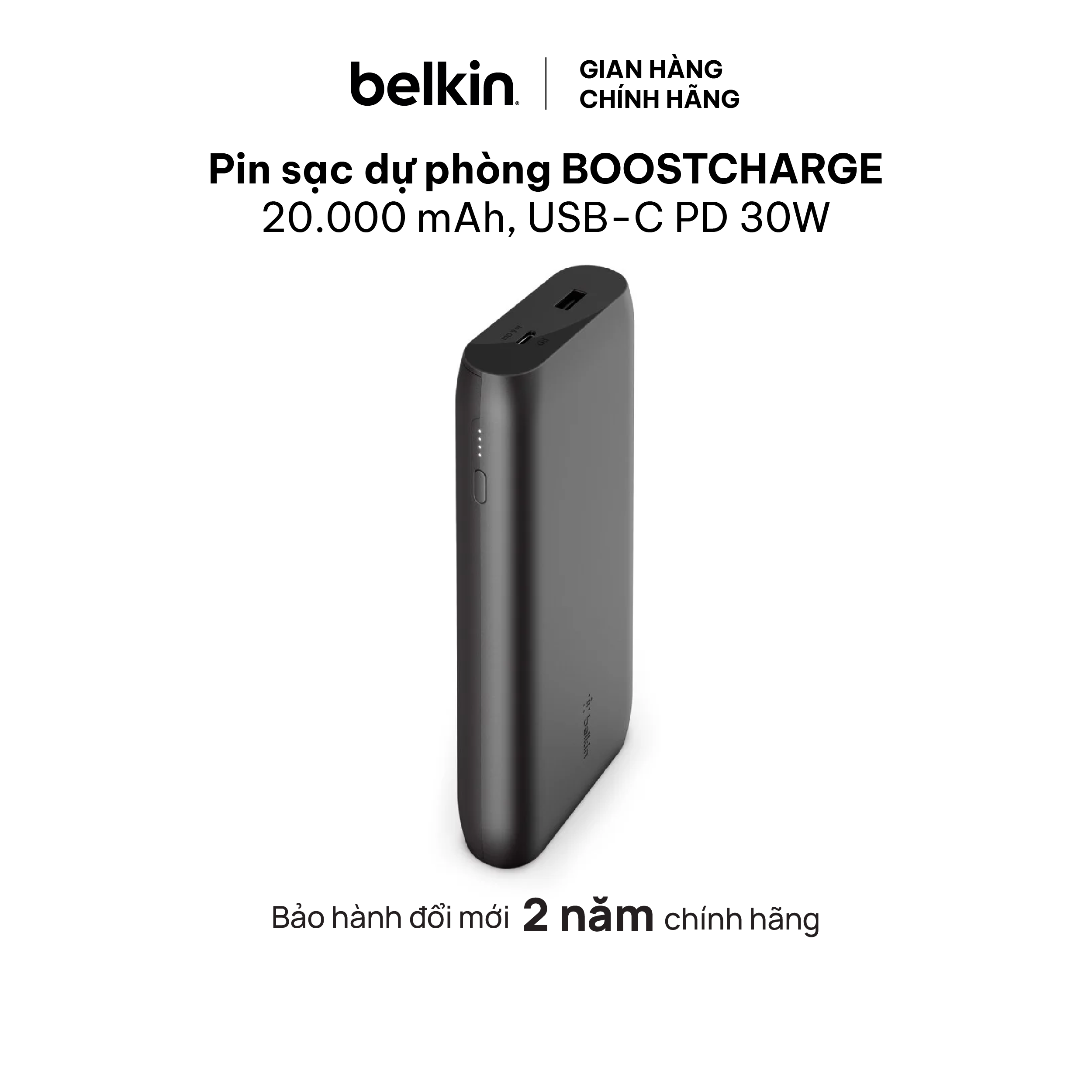 Pin sạc dự phòng Polyme Pocket Power Belkin 20.000 mAh, sạc nhanh USB-C PD 30W - Hàng chính hãng - Bảo hành 2 năm