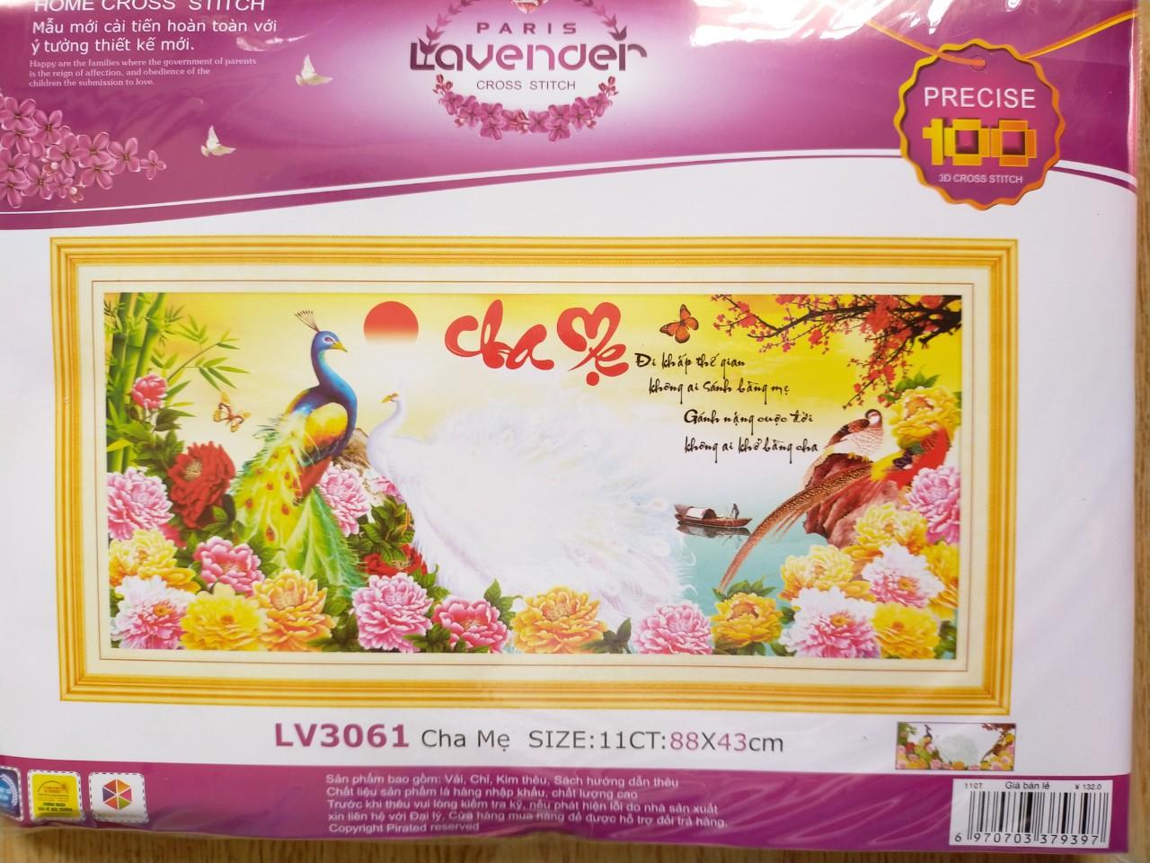 Tranh thêu chữ thập cha mẹ chim công hoa mẫu đơn LV3061 - 88 x 43 cm - chưa thêu