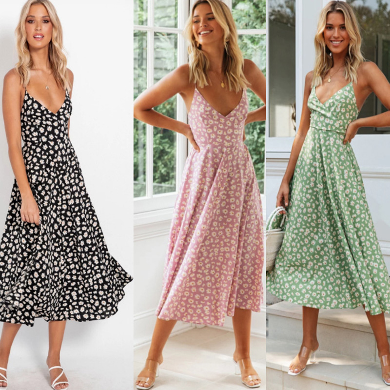 Sexy Women Boho Dress Floral Print Spaghetti Strap V Neck High Waist Backless Sleeveless Beach Spring Summer Dress