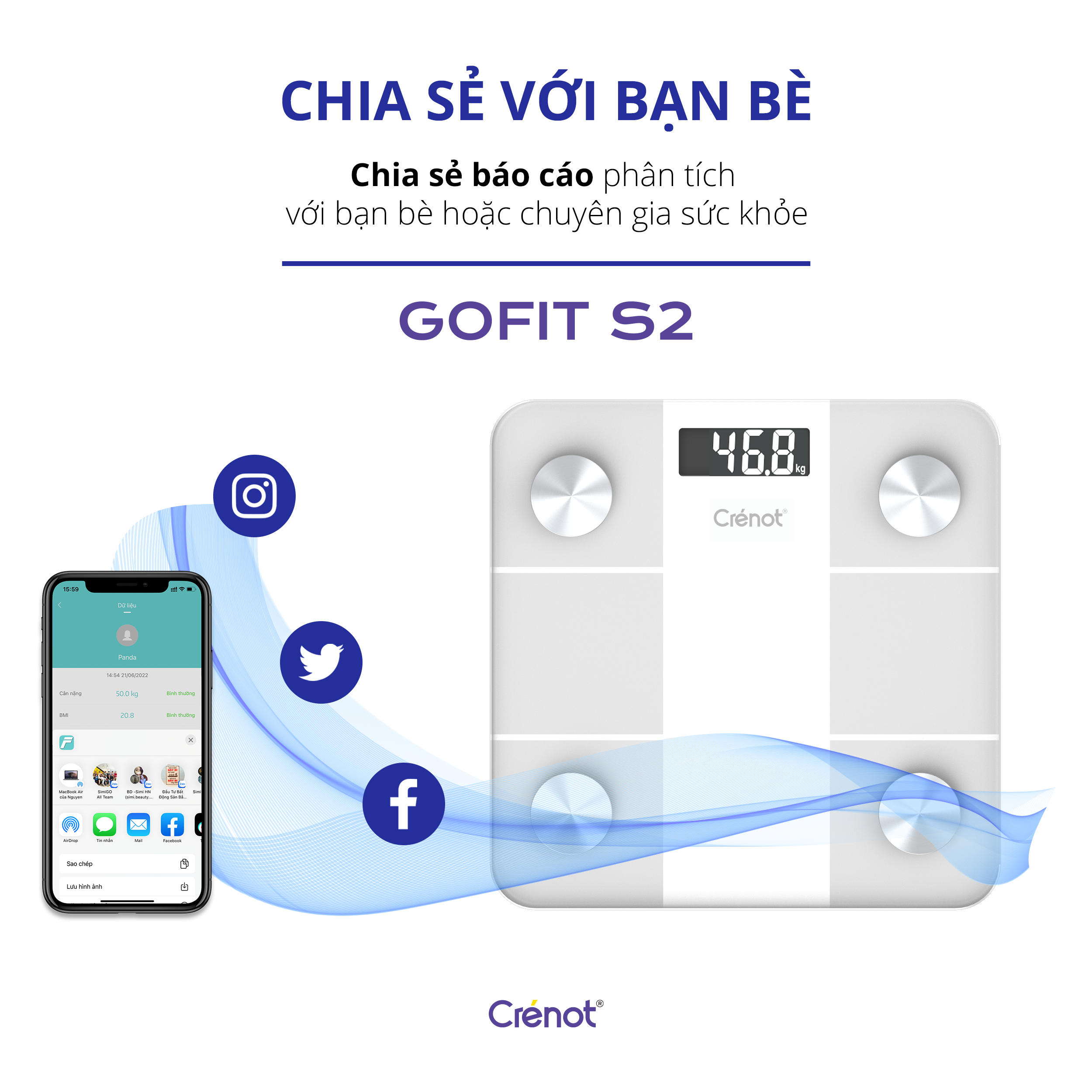  Cân điện tử sức khoẻ thông minh Crénot Health GoFit S2 kết nối bluetooth đo phân tích chỉ số cơ thể body fat scale can dien tu suc khoe thong minh Crenot 