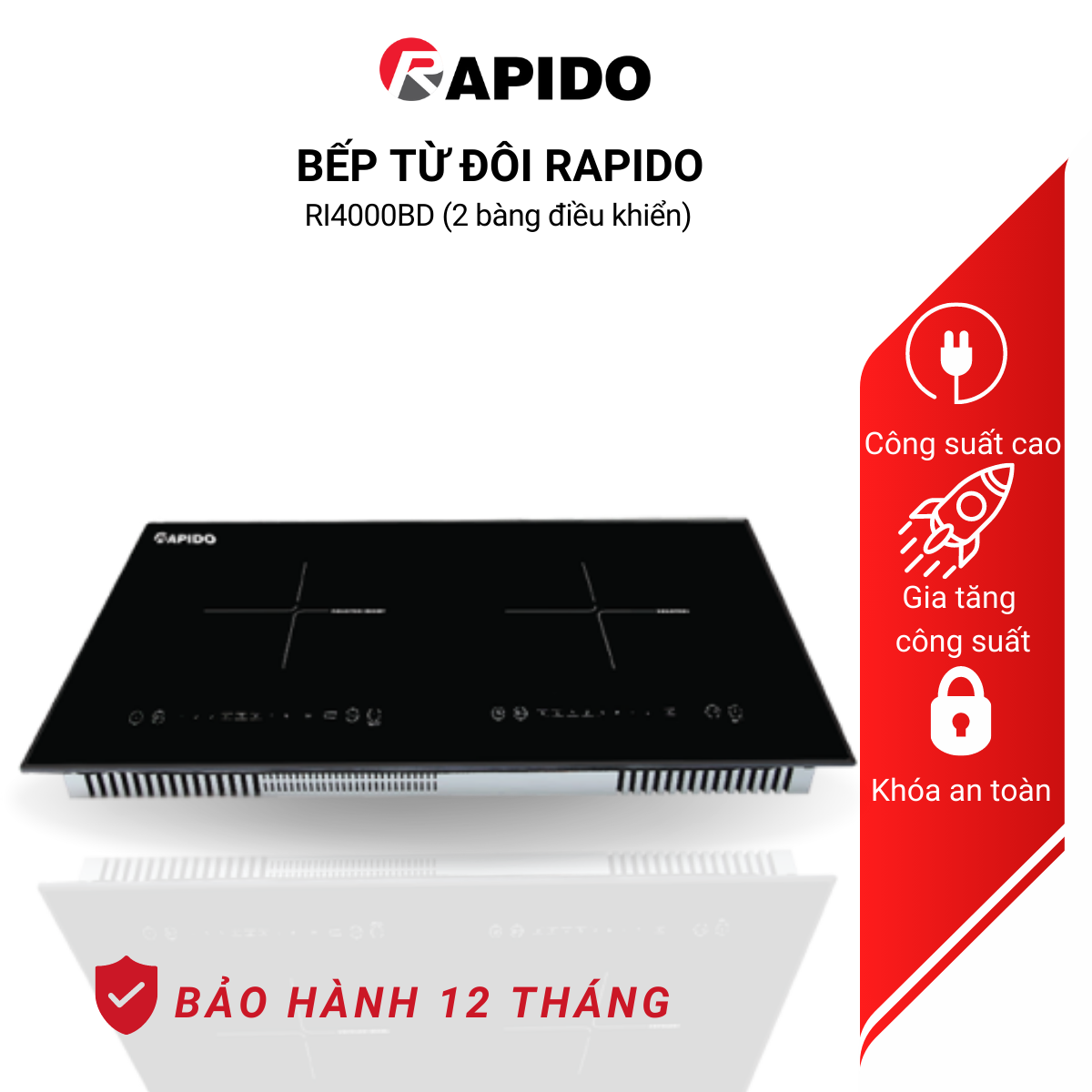 Bếp từ đôi Rapido RI4000BD công suất 4000W chính hãng Rapido, bảo hành 24 tháng - Hàng chính hãng