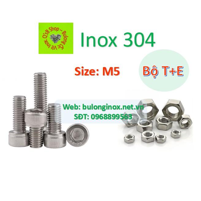 Bulong lục giác chìm đầu trụ size M5 inox bộ Thân + Ecu , ốc đầu trụ , ốc lục lăng đầu trụ inox, inox 304