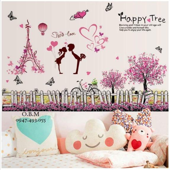 BỘ COMBO DECAL GHÉP ĐÔI TRANG TRÍ - Tháp Hồng tình nhân kết hợp chân tường Happy Tree
