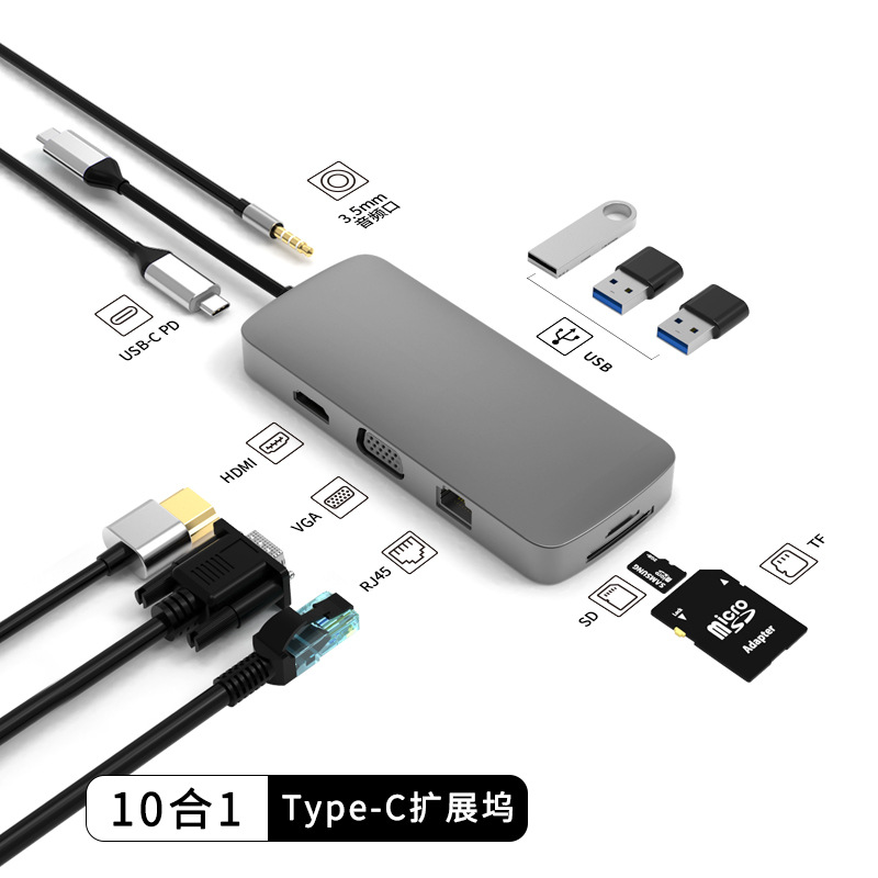Hub chuyển đổi USB-Type C 10in1 tích hợp cổng mạng Lan bộ chia cổng usb mở rộng kết nối chuyển đổi cho Macbook (USB3.0/USB2.0/PD/HDMI/SD/AUDIO/RJ45/VGA) hỗ trợ sử dụng nhiều thiết bị, tiện lợi và nhỏ gọn tiết kiệm diện tích làm việc, giao hành nhanh