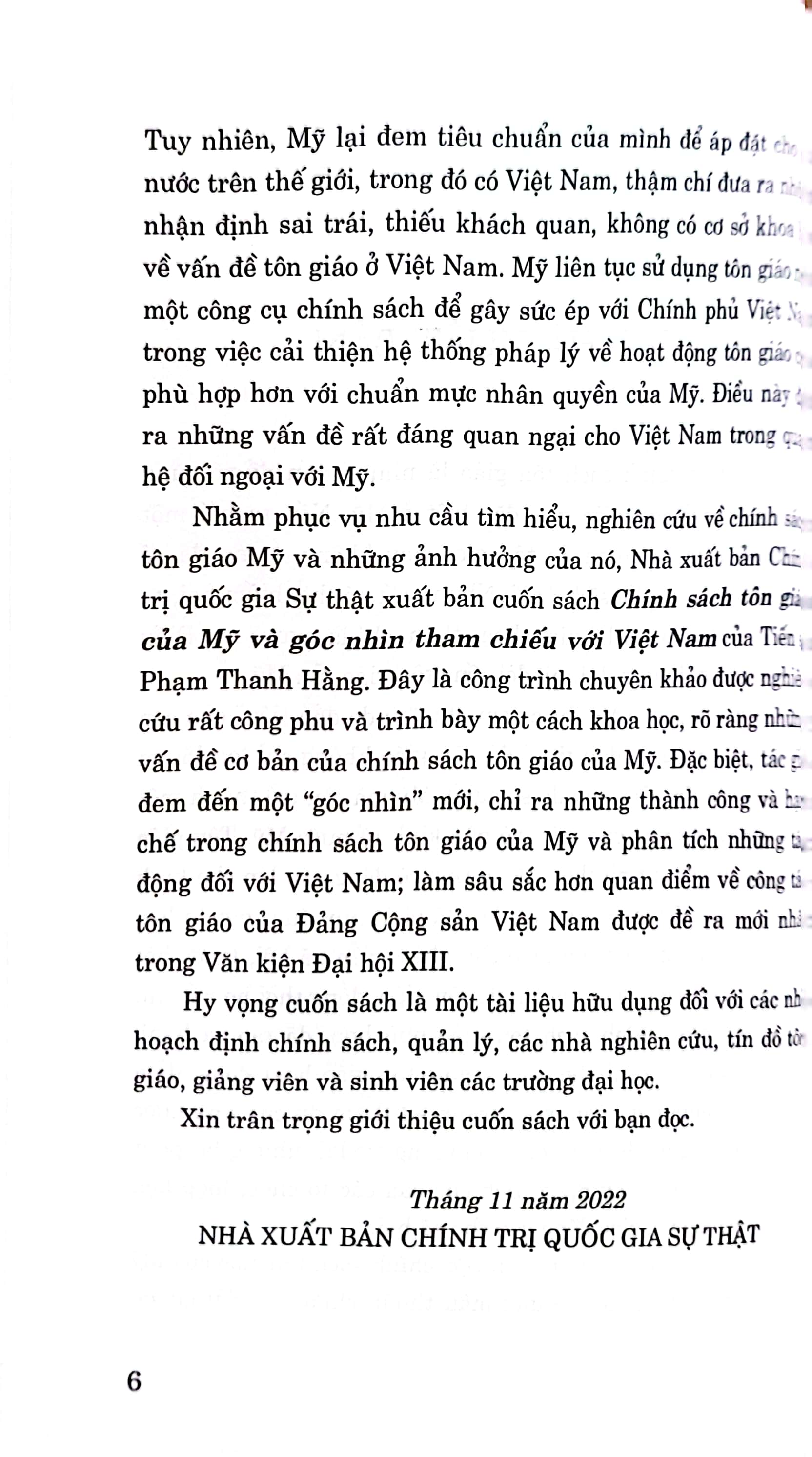 Chính sách tôn giáo của Mỹ và góc nhìn tham chiếu với Việt Nam (Sách chuyên khảo)