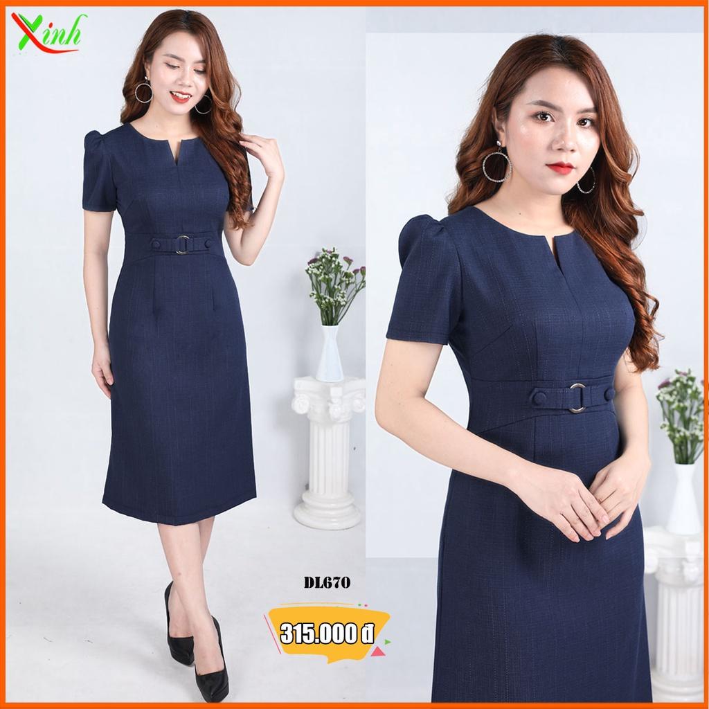 Đầm Suông Xanh Đen Phối Khuy Che Bụng Béo DL670