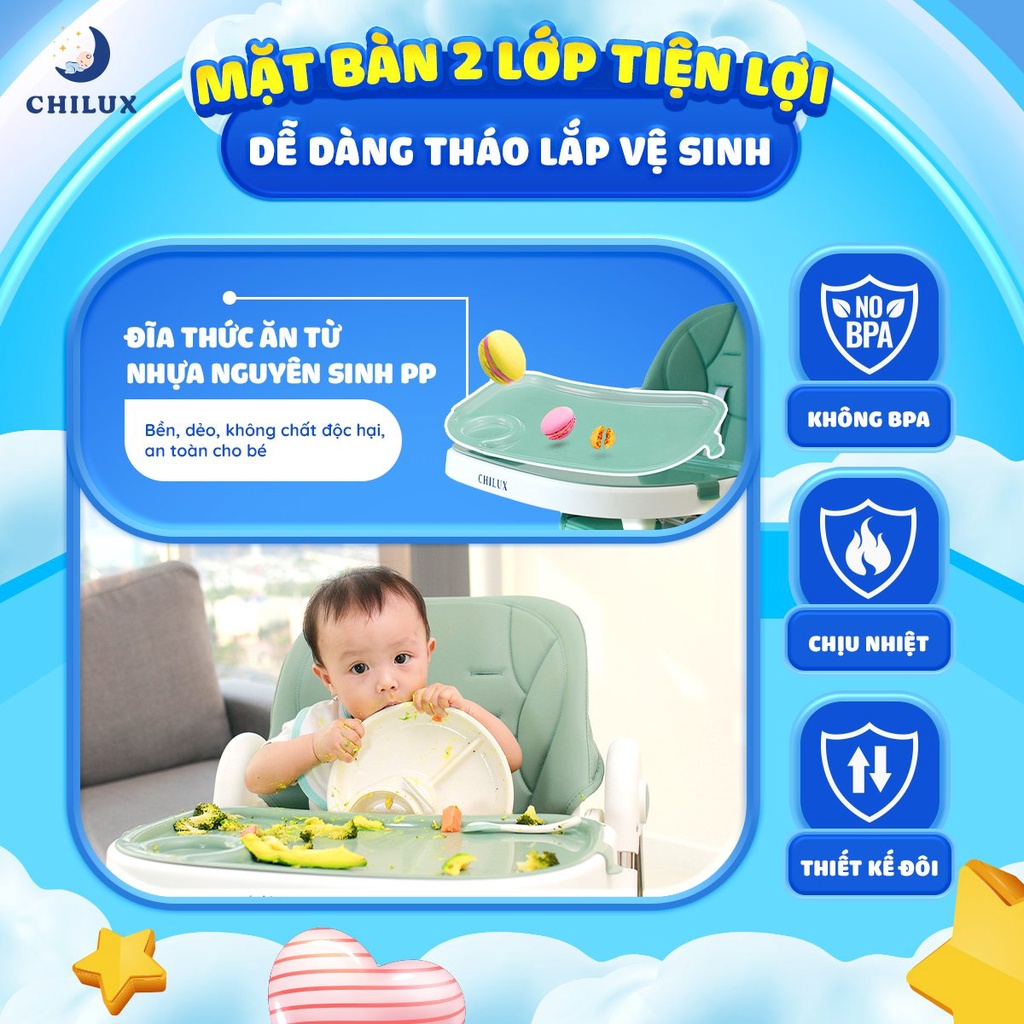 Ghế ăn dặm cho bé Chilux - Có thể gấp gọn - Bàn ăn rộng, Nhiều nấc điều chỉnh độ cao ghế