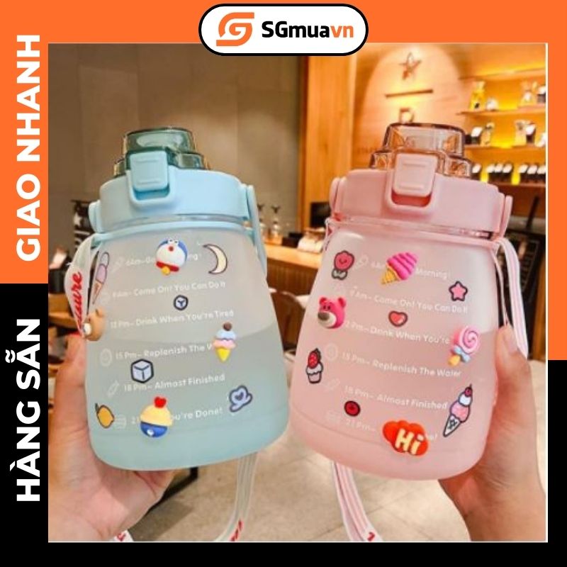 Bình nước thể thao 1.4L màu cầu vồng, dễ thương có thể dán sticker