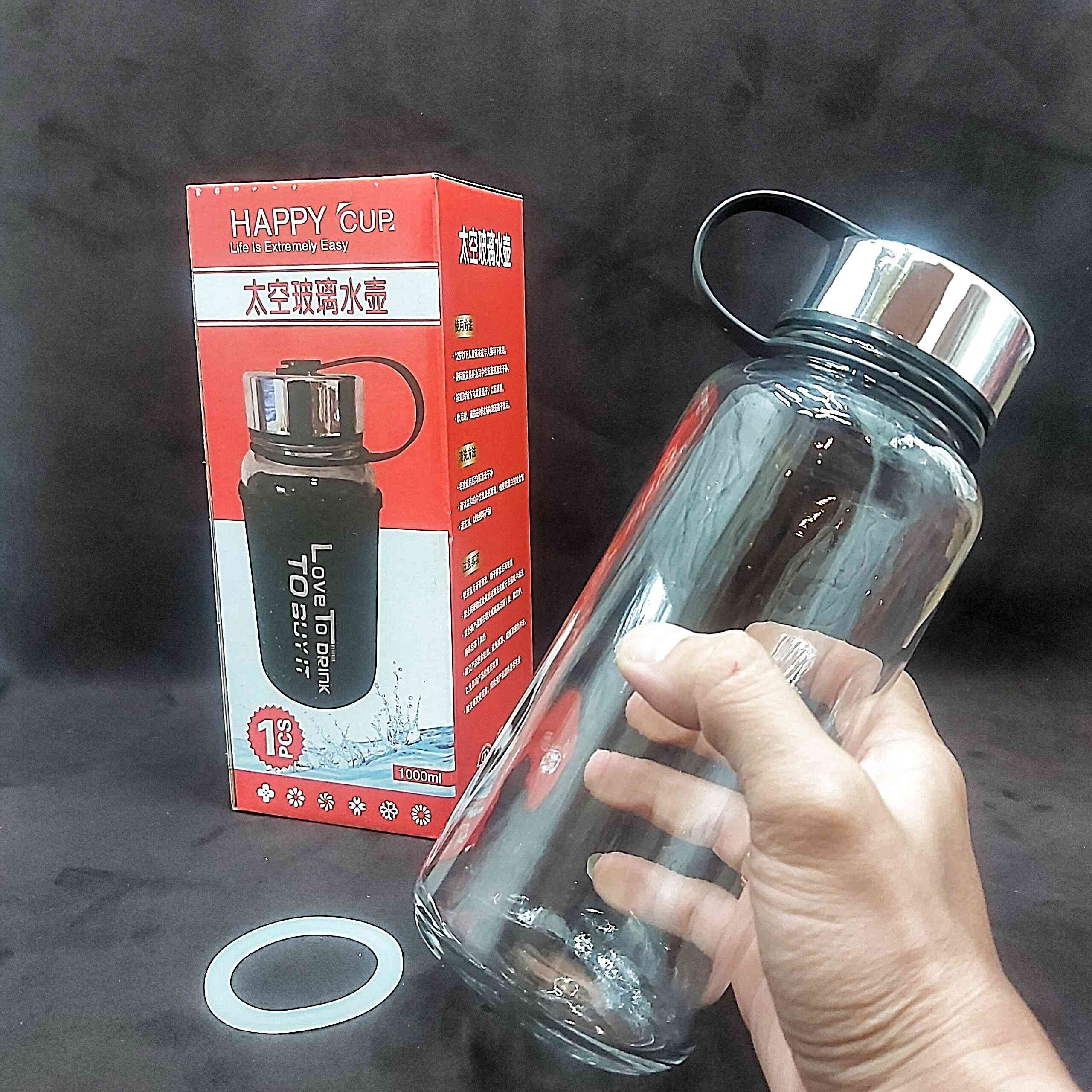 Chai Thủy Tinh đựng nước 1000ml cao cấp - Nắp nhựa mạ Inox, gioăng cao su – tặng kèm túi vải Spandex