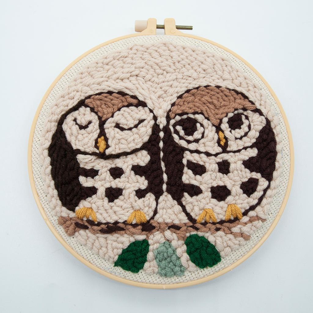 2pcs Cute Animal Owl Punch Needle Kits Hoop Soft Yarn DIY Needlework Set