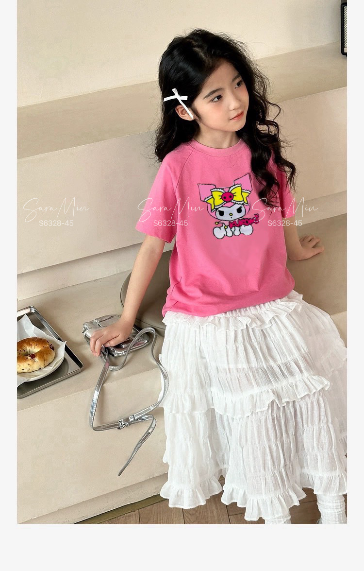 [Từ 1 đến 12 tuổi] Set váy áo cotton hồng Kuromi mềm mát đi biển đi học in Pe bé gái đến 45kg