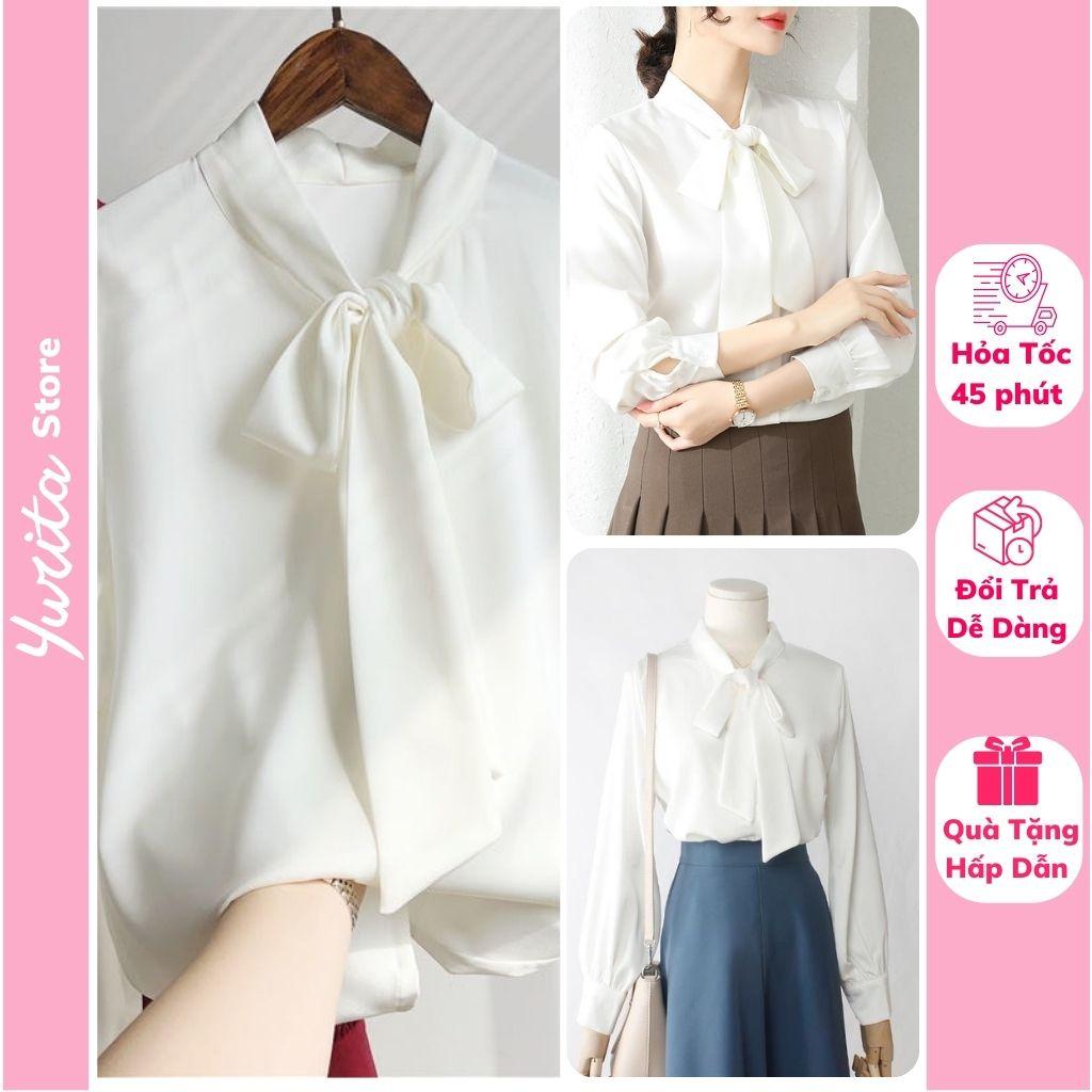 Áo Sơ Mi Nữ Kiểu Công Sở Đẹp YURITA Tay Dài Cổ Thắt Nơ Tay Chất Lụa Cao Cấp From Rộng Kiểu Dáng Hàn Quốc Ulzzang Vintage