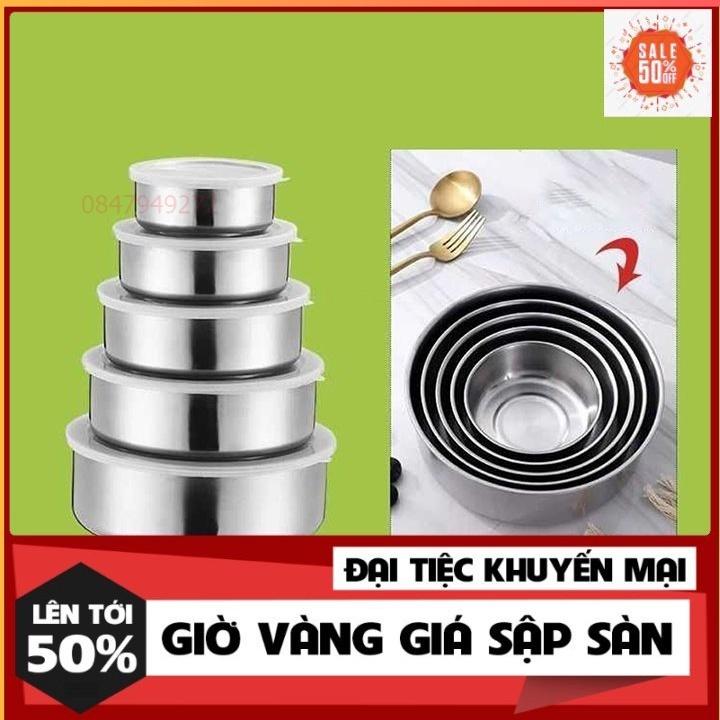 Combo 5 bát inox có nắp đậy silicon, bộ thố inox không gỉ đủ size bền đẹp