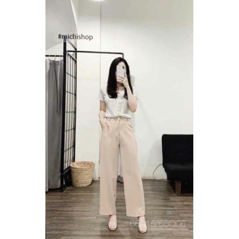 Quần ống rộng culottes suông dài chất dày lưng cao 2 màu đen be