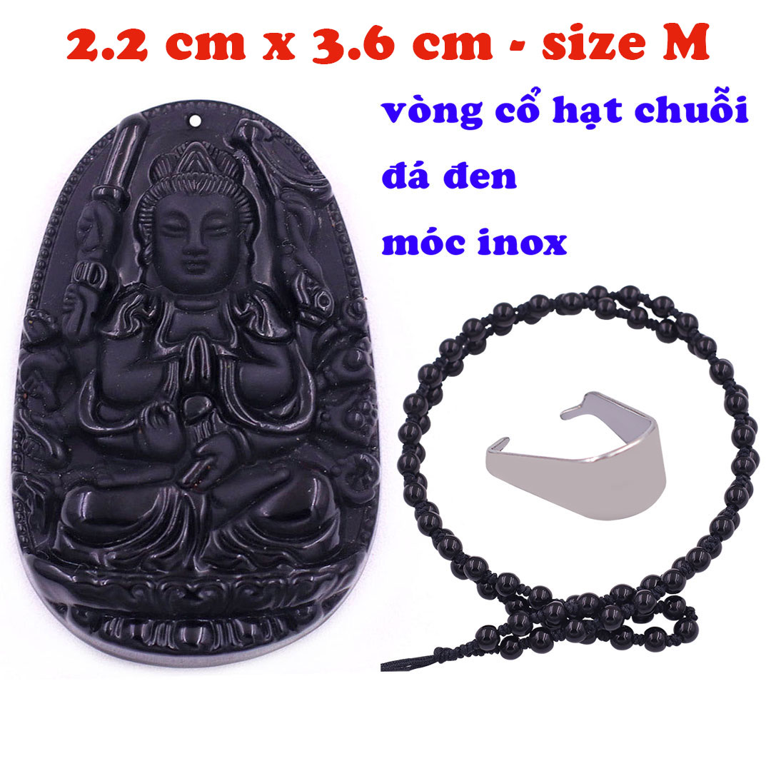Mặt Phật Thiên thủ thiên nhãn thạch anh đen 3.6 cm kèm vòng cổ hạt chuỗi đá đen - mặt dây chuyền size M, Mặt Phật bản mệnh, Quan âm bồ tát
