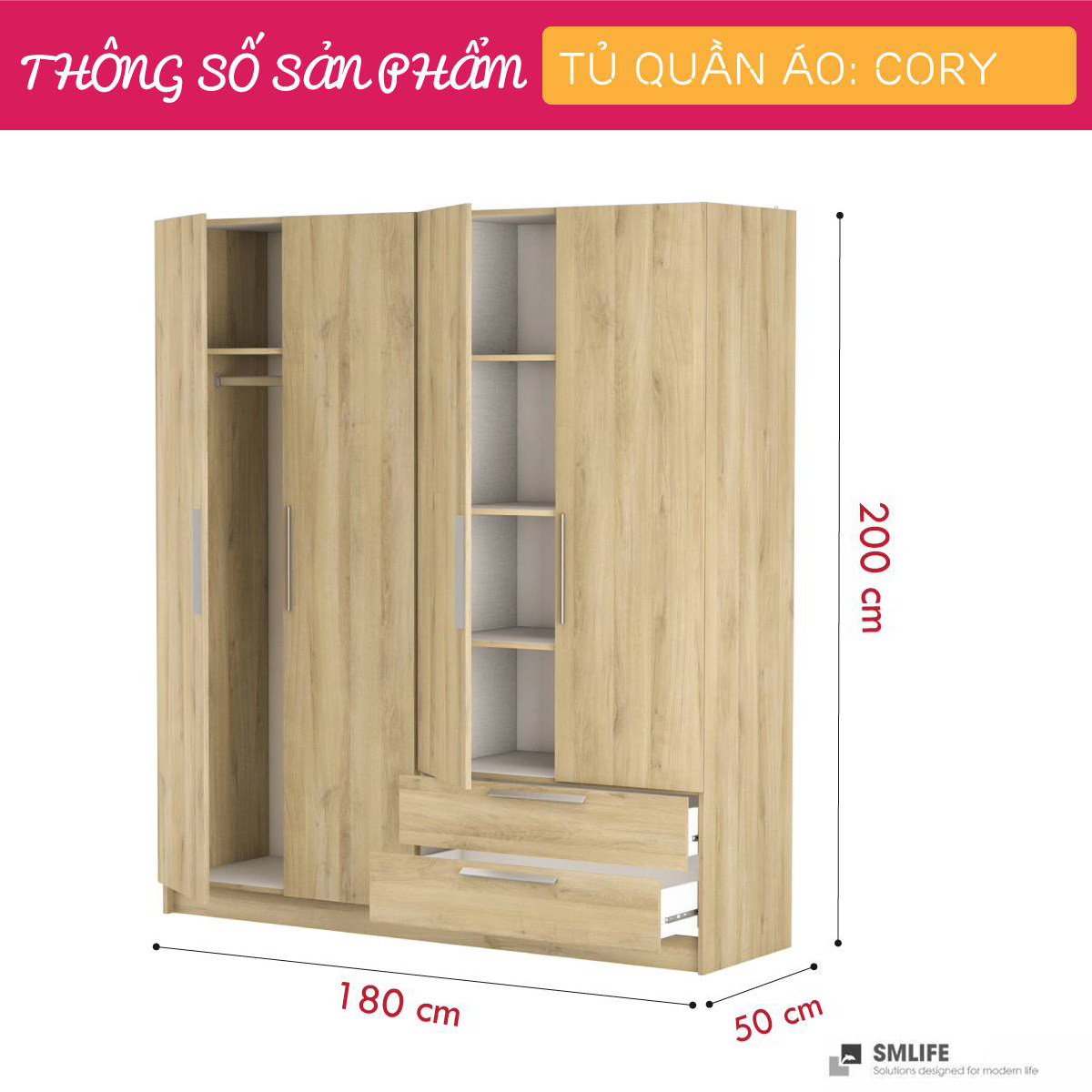 Tủ quần áo gỗ hiện đại SMLIFE Cory