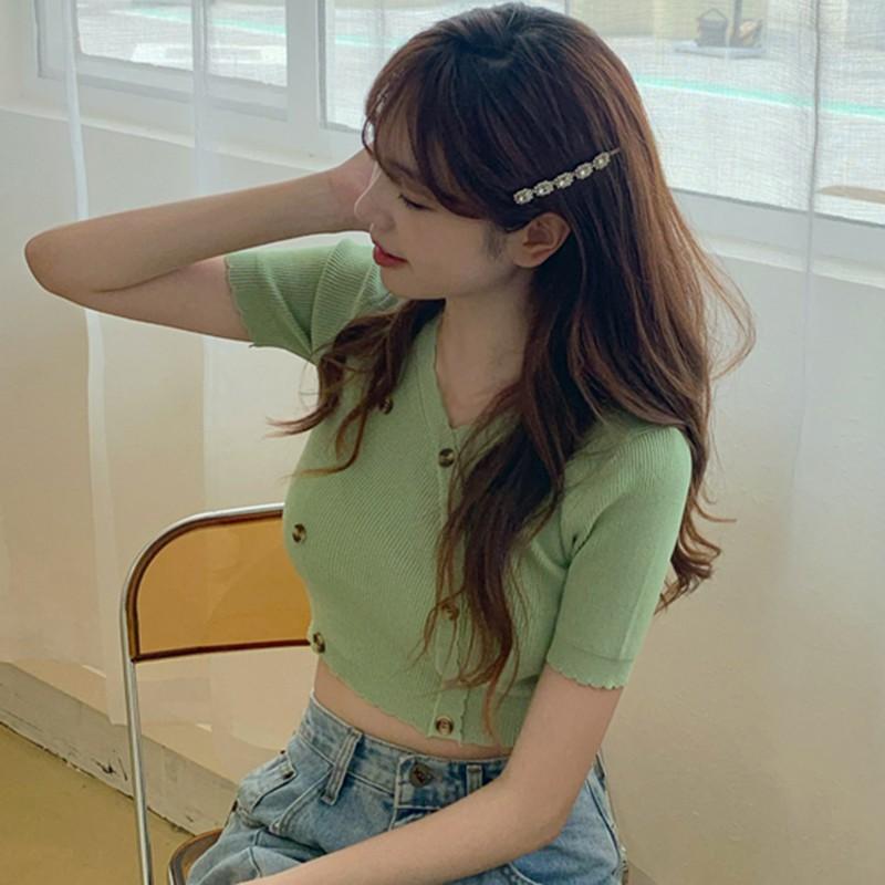 Áo Croptop Dệt Kim Tay Ngắn Cổ Chữ V Màu Trơn Thời Trang Cho Nữ