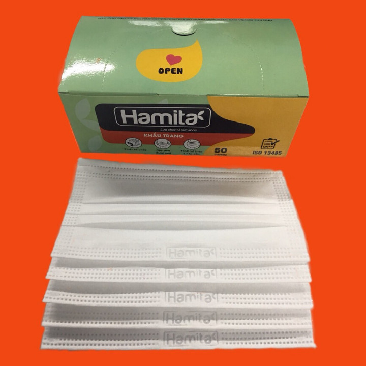 Khẩu trang y tế Hamita 3 lớp (Hộp 50 cái) HMT7 - ISO13485, CE, FDA - Tỷ lệ chống nhiễm khuẩn 99,9%, Thông thoáng, không gây đau tai, không kích ứng da