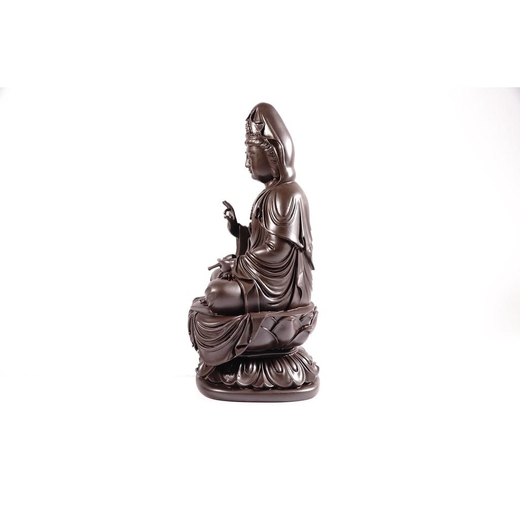 Tượng phật Bồ Tát Quan Âm ngồi đài sen nguyên khối nâu đất - Cao 19cm