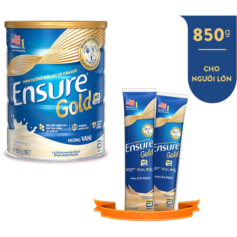 Thực phẩm dinh dưỡng y học: Ensure Gold 850g - Tặng 2 Gói Dùng Thử (vị ngẫu nhiên)