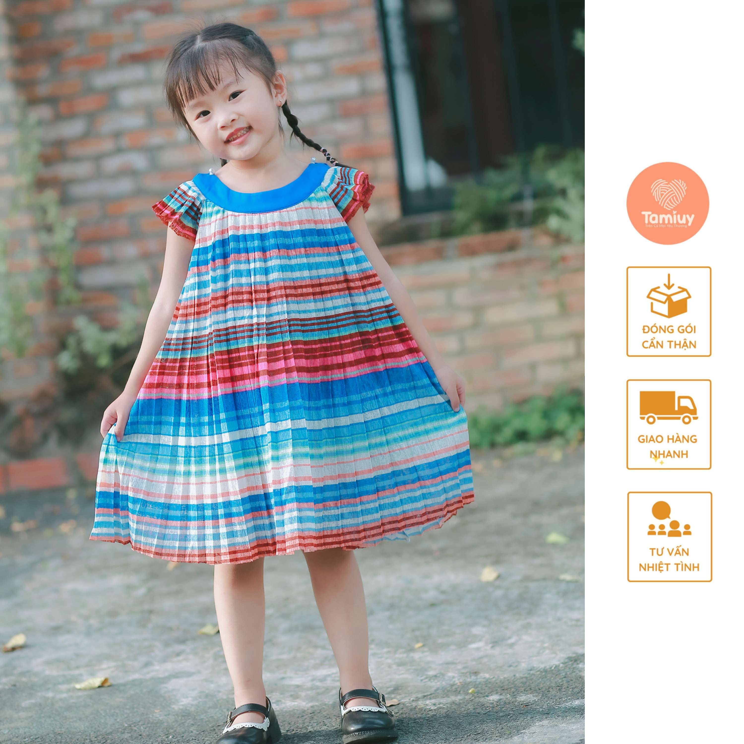 Đầm Cổ Yếm Dập Ly Tamiuy Chất Vải Voan Mềm Mại Cùng Họa Tiết Nổi Bật Xinh Xắn Dễ Thương Cho Các Bé Gái