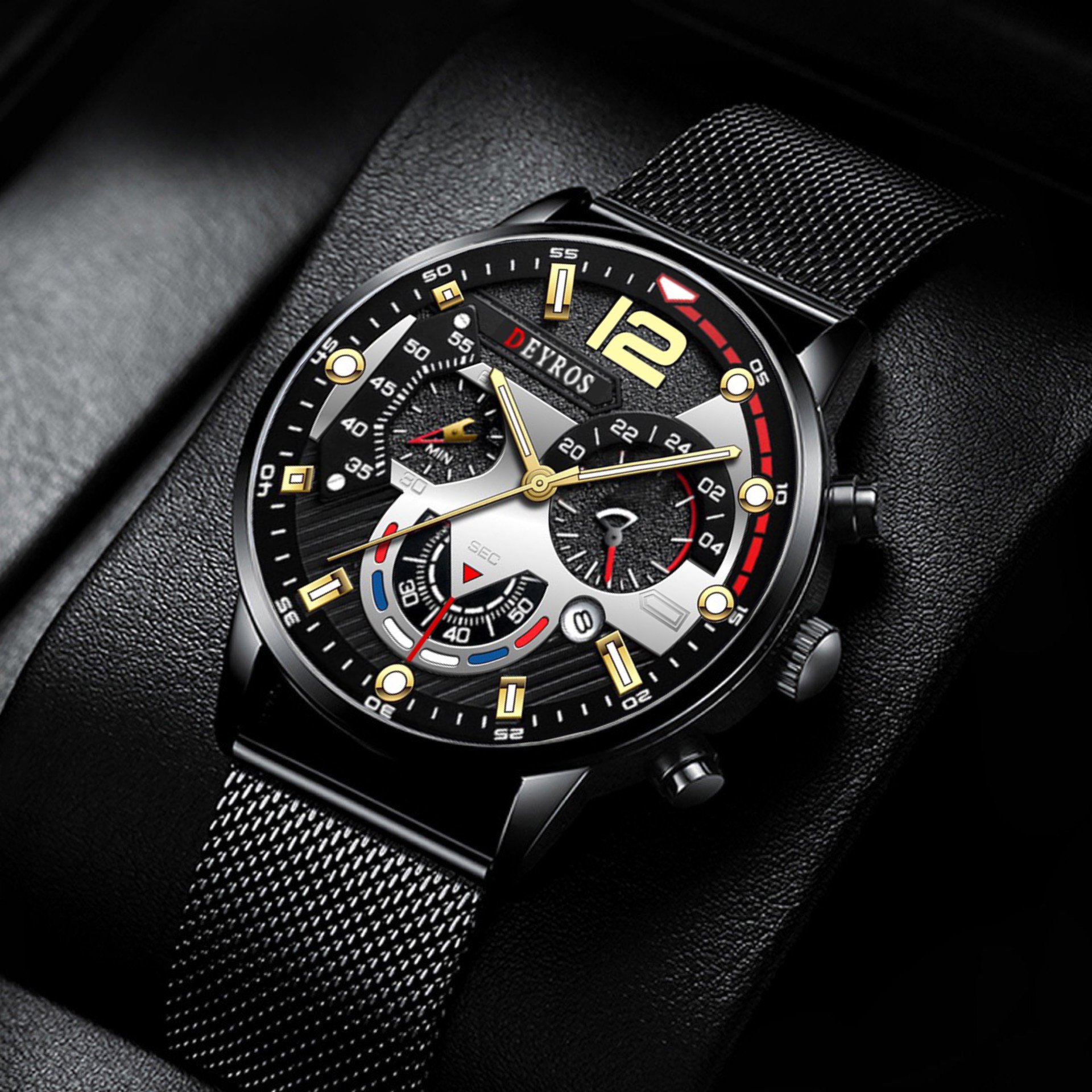 Đồng hồ nam cao cấp DEYROS dây thép mành đen chạy lịch ngày - Thiết kế thể thao và nam tính MS559