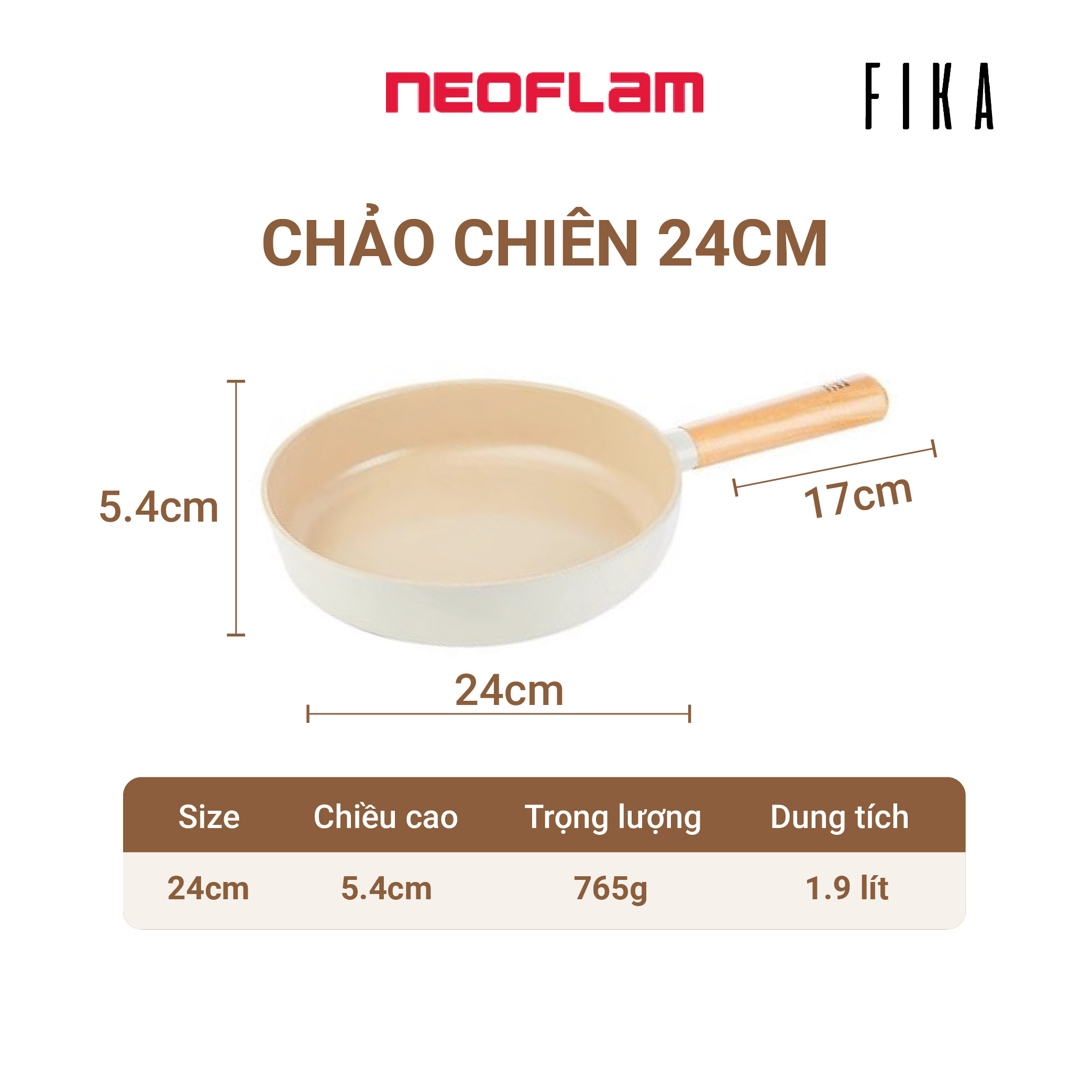 [Hàng chính hãng] Chảo chiên, cạn chống dính bếp từ Fika Neoflam 24cm. thành cao 5,4cm, dài 41cm (bao gồm cán), khối lượng 765g, phủ gốm chống dính cả trong, ngoài. Màu trắng ngà. Hàng có sẵn giao ngay.