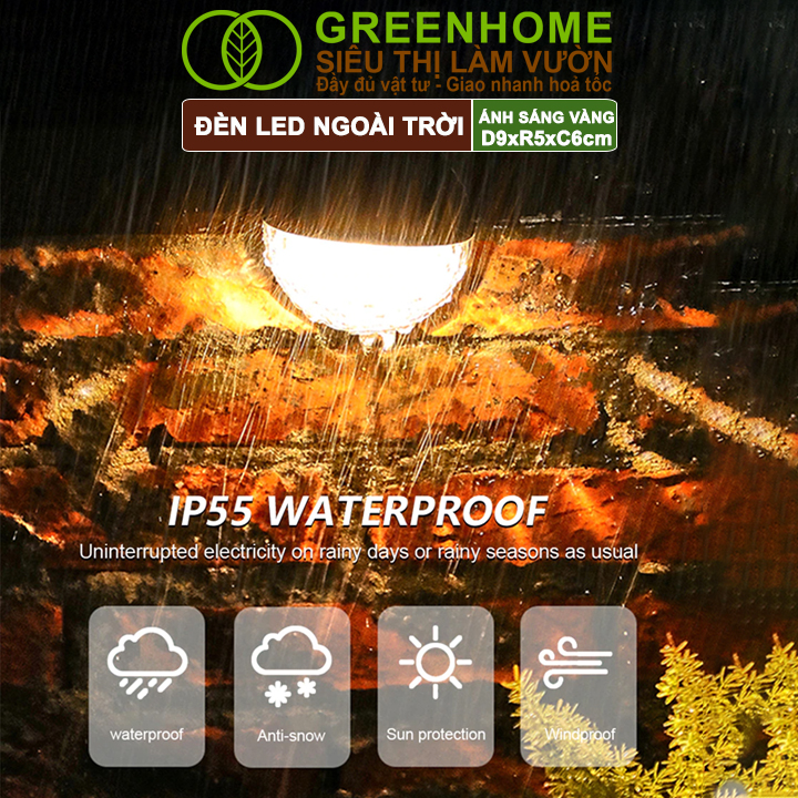 Đèn Led Năng Lượng Mặt Trời Greenhome, D9xR5xC6cm, Vàng Ấm, Chống Nước, Ốp Lan Can, Trang Trí Ban Công, Sân Vườn