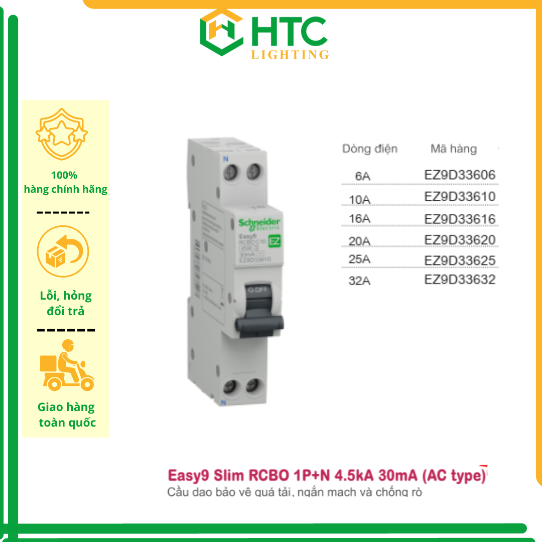 Cầu dao / Aptomat bảo vệ quá tải, ngắn mạch và chống rò - Easy9 Slim RCBO 1P+N 4.5kA 30mA