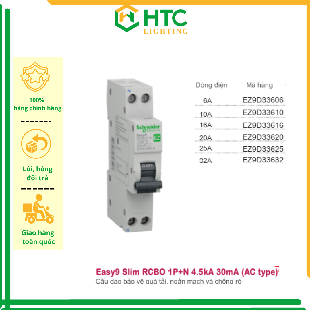 [Hàng chính hãng Schneider Elecric]  Cầu dao / Aptomat bảo vệ quá tải, ngắn mạch và chống rò  - Easy9 Slim RCBO 1P+N 4.5kA 30mA