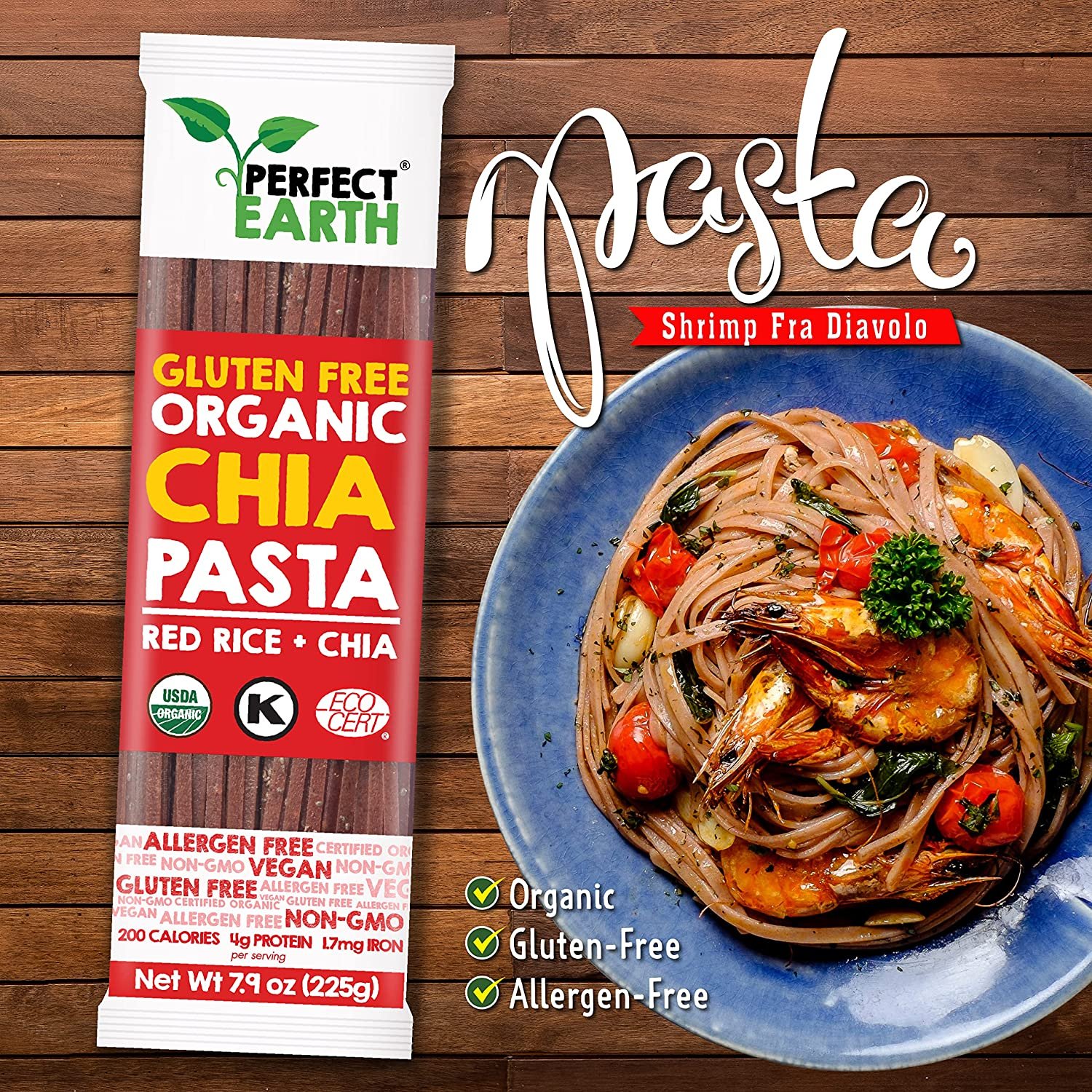 Bún Gạo Lứt Đỏ Và Hạt Chia Hữu Cơ (225g) - Perfect Earth Organic Chia Pasta - Red Rice + Chia (225g)