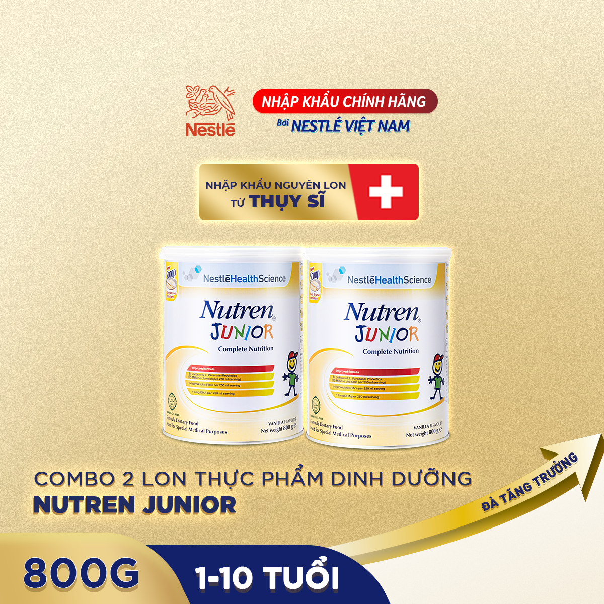 Combo 2 lon thực phẩm dinh dưỡng Nutren Junior Thụy Sĩ hỗ trợ tăng cân tiêu hóa tốt cho trẻ từ 1 đến 10 tuổi 800g/lon -  Tặng Hộp gia dụng