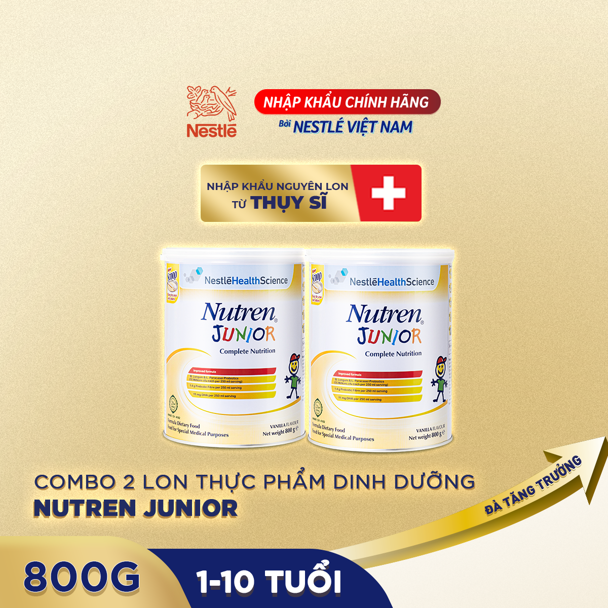 Combo 2 lon thực phẩm dinh dưỡng Nutren Junior Thụy Sĩ hỗ trợ tăng cân tiêu hóa tốt cho trẻ từ 1 đến 10 tuổi 800g/lon -  Tặng Khăn choàng tắm con voi