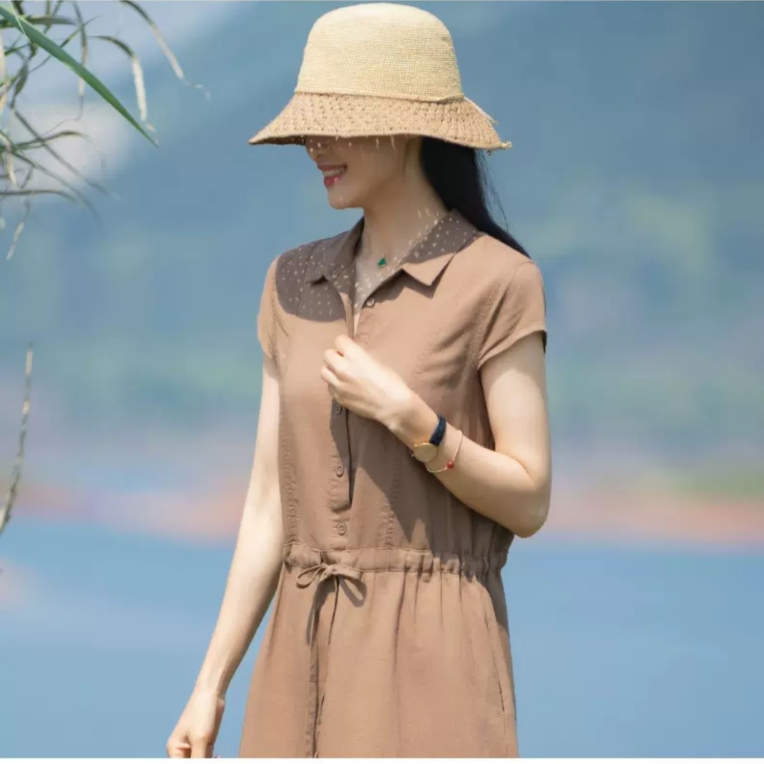 Đầm sơ mi ngắn tay, Đầm linen suông nữ rút eo cổ sơ mi, phong cách retro ARCTIC HUNTER