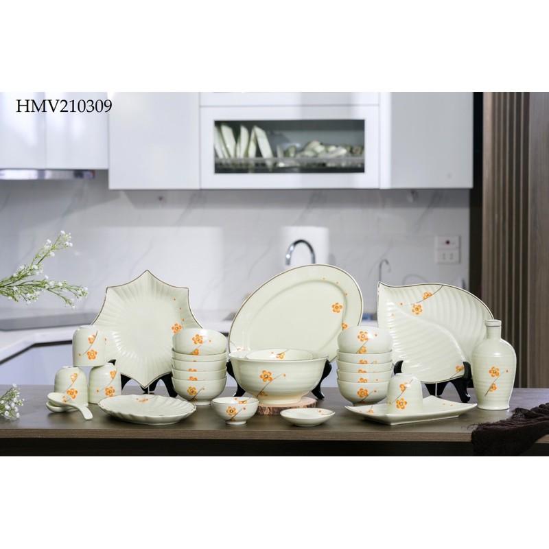 Set Bộ đồ ăn Bát Tràng men kem, họa tiết vẽ thủ công.