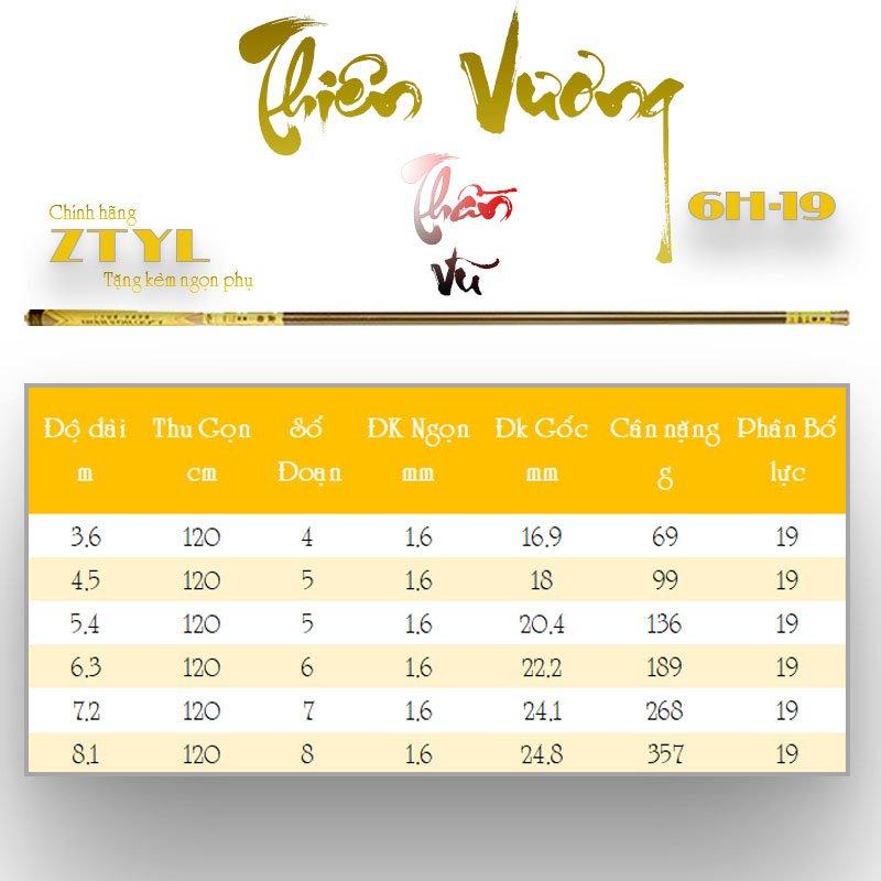 Cần câu đài Thiên Vương Thần Vũ 6H độ dài từ 3m6 đến 8m1 mã CD36