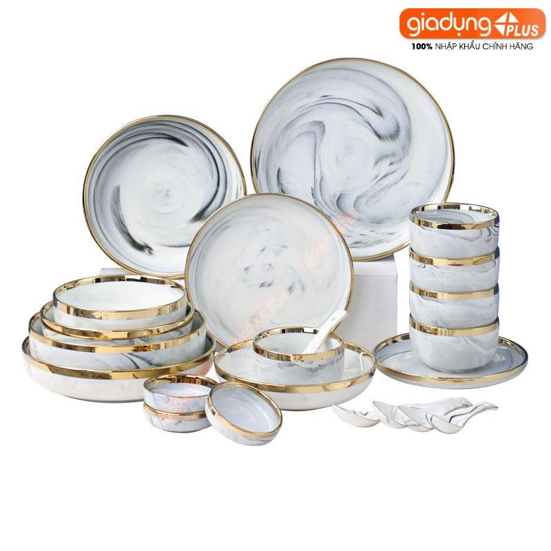 Set đồ ăn gồm chén, bát, tô, đĩa, muỗng bằng sứ vân đá (trắng, hồng) cao cấp theo phong cách Bắc Âu - Kèm hộp quà