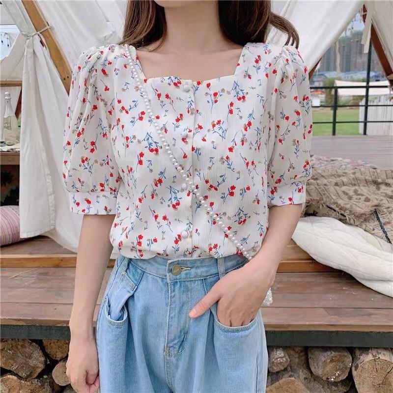 Áo sơ mi hoa nhí _ cổ vuông tay lỡ _ áo sơ mi kiểu Hàn Quốc Ulzzang _ bigsize _ size lớn chất đẹp