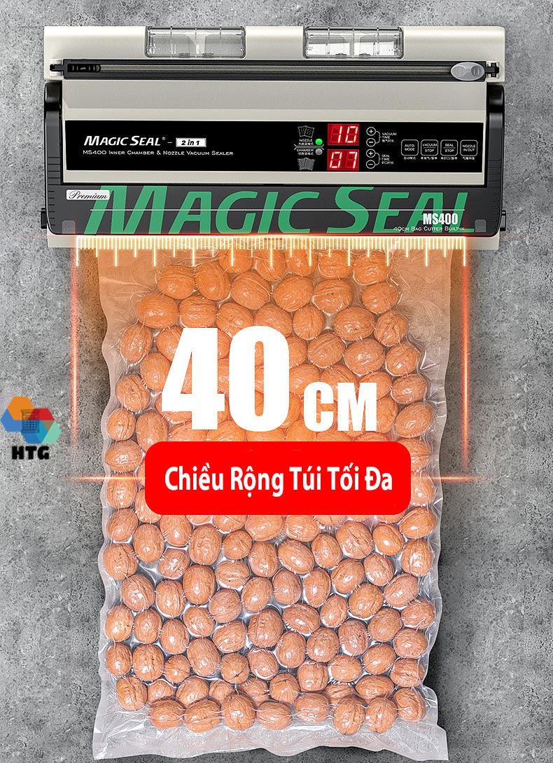 Máy hút chân không thực phẩm Magic Seal MS400 không kén túi, hút khô và hút nước, mối hàn dính lớn 8mm kín kẽ, hút mạnh mẽ, tự động và bán tự động, hàng chính hãng
