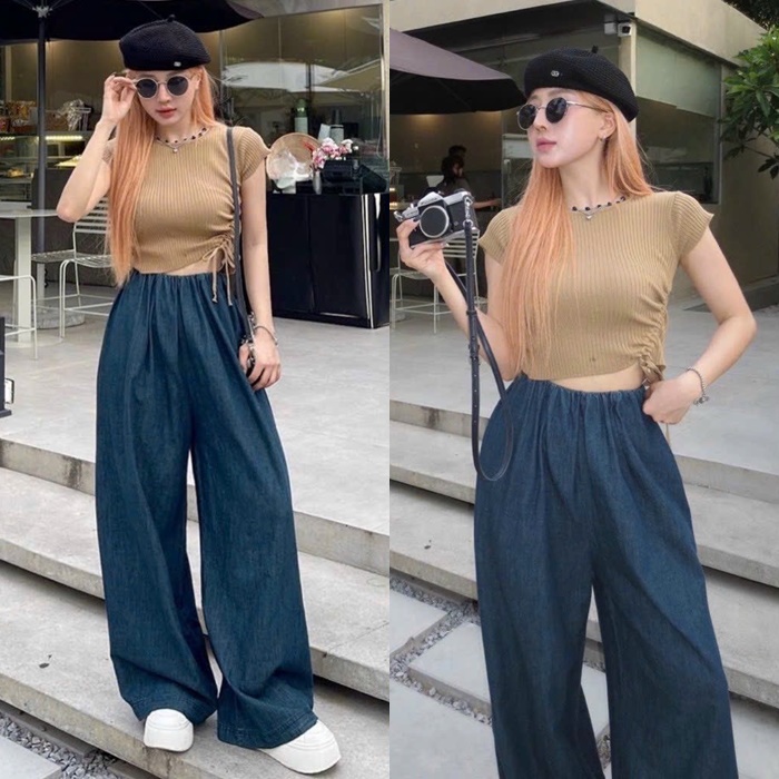 SET ÁO CROPTOP THUN DÂY RÚT TAY NGẮN + QUẦN DÀI ỐNG RỘNG LƯNG CAO SUÔNG TRƠN JEANS DẠO PHỐ ĐI CHƠI ĐI BIỂN ĐI TIỆC